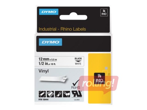 Dymo Rhino White Vinyl Tape - 12mm, Black Text