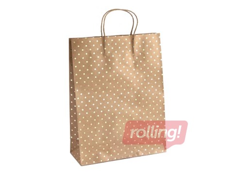 Papīra maisiņš ar rokturiem, 39 x 12 x 30 cm, brūns ar zelta punktiņiem, 5 gab