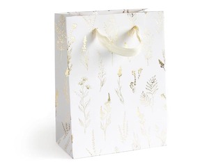 Бумажный пакет с ручками, 15 x 8 x 20 см, белый с золотым мотивом, 5 шт