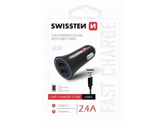 Swissten Premium Car charger 12 / 24V / 1A + 2.1A + USB-C Data Cable 100 cm, Black