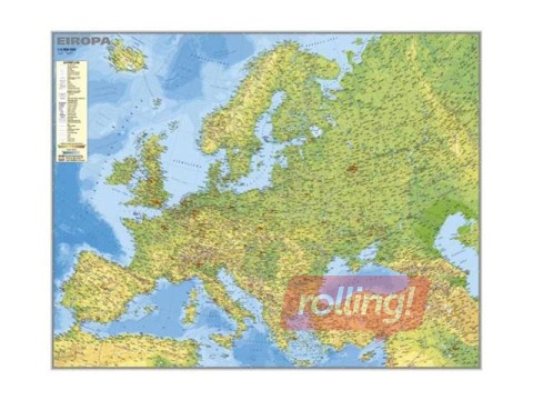 Eiropas fizioģeogrāfiskā sienas karte, 86,5 x 109 cm,  laminēta, ar līstēm