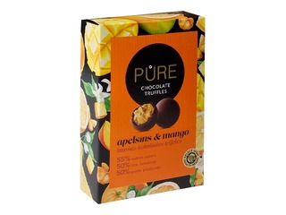 Šokolādes trifeles Pure Chocolate ar apelsīna-mango garšas krēma pildījumu, 148 g