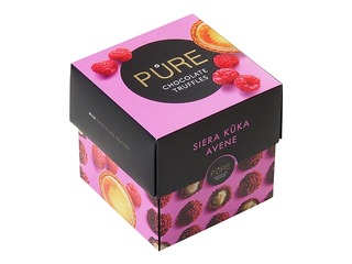 Šokolādes trifeles Pure Chocolate ar siera kūkas krēma pildījumu un aveņu dekoru, 96 g