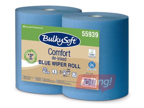 Industriālais papīrs Bulkysoft Comfort, 2 ruļļi, 360m, 1000 loksnes, 2 slāņi, zils