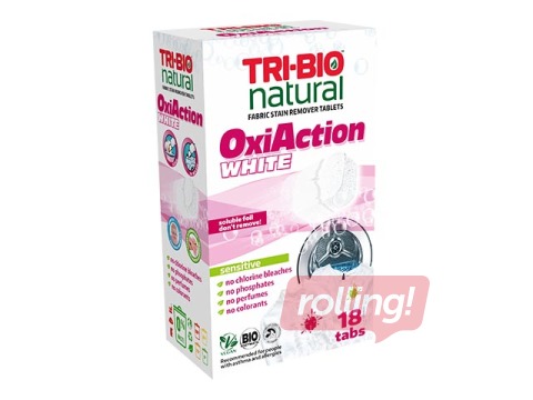 Dabīgas tabletes traipu tīrīšanai, Oxi-Action White, Sensitive Tri-Bio, 18 tab.