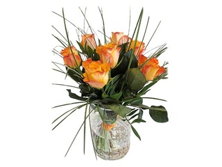7 rožu pušķis ar zaļumiem un dekoratīvu lentu, (40cm)