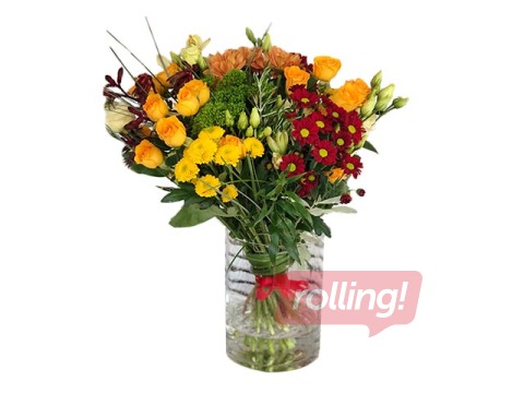 Ziedu pušķis ar krizantēmām, rozēm, lizantēm (diametrs apm. 35cm)
