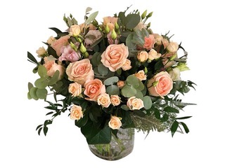 Ziedu pušķis veidots no 2-3 veidu rozēm un lizantēm (diametrā apm. 40 cm)