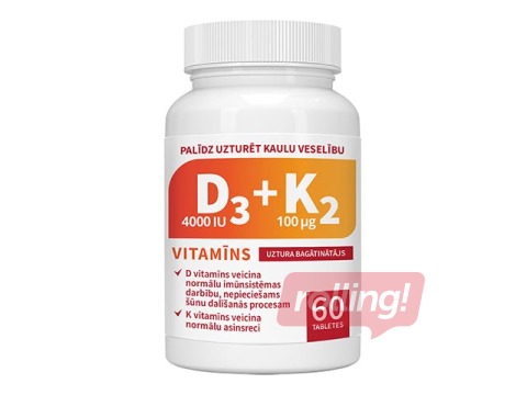 Uztura bagātinātājs, Vitamīns D3 4000 IU + Vitamīns K2 100 µg, 60 tabletes