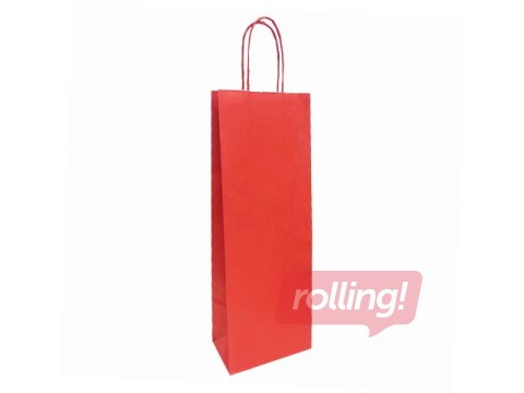 Papīra maisiņš ar pītu rokturi pudelēm 140x80x390mm, kraftpapīra, sarkans/balts