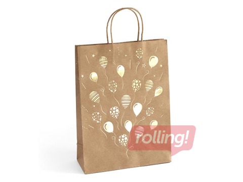 Papīra maisiņš ar rokturiem, 33 x 10 x 24 cm, brūns ar zelta baloniem, 5 gab