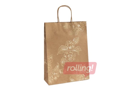 Papīra maisiņš ar rokturiem, 33 x 10 x 24  cm, brūns ar zelta ziediem, 5 gab