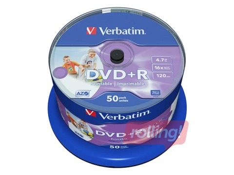 Verbatim DVD+R AZO 4.7GB 16x Wide Printable non ID, 50 Pack Spindle