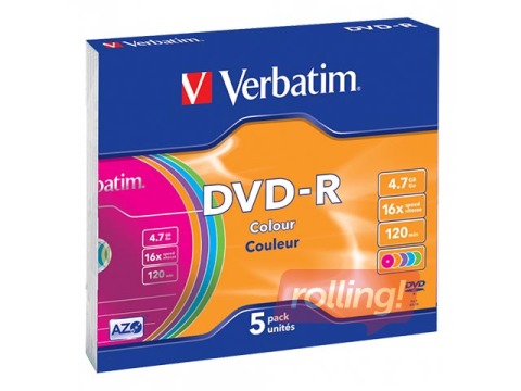 DVD-R AZO Verbatim 4.7GB 16x Colour, 5 Pack Slim