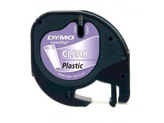 Marķēšanas lente Dymo, 12 mm x 4 m, plastikāta, melni burti uz caurspīdīga fona