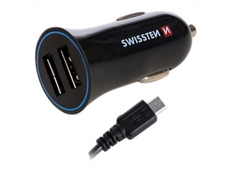 Swissten Премиум Автомобильная зарядка 12 / 24V / 1A+ 2.1A + кабель Micro USB 1.5m, Черная