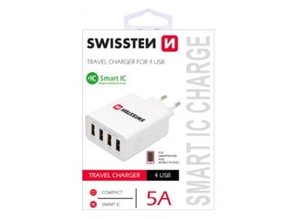 Swissten Smart IC Premium Сетевое зарядное устройство USB 4x 2.1A / 20W / 4A С Автоматическим Выбором Напряжения, Белое